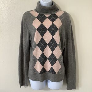 Grey Pink Argyle Preppy Old Money Light Academia Cashmere Turtleneck Large
